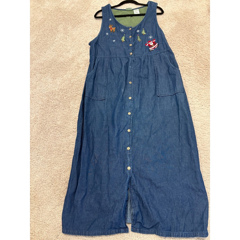 Bobbie Brooks Denim Vintage Christmas‎ Holiday Dress Santa Trees Reindeer XL